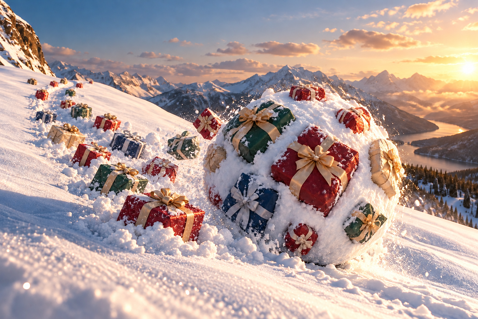 A snowball filled with wrapped presents rolling down a snowy mountain, leaving a trail of gifts behind it.